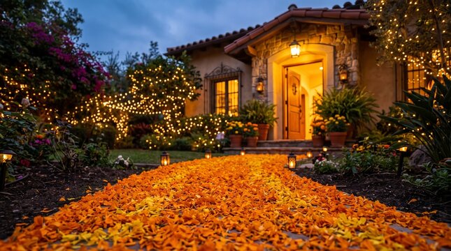 Pathway of marigold petals and fairy lights leads to a warmly lit house for All Saints Day celebration