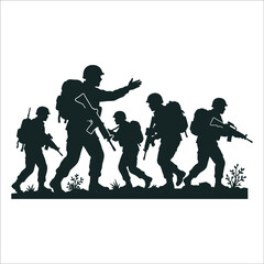 Obraz premium Indian army vector illustration showing military soldier squad in silhouette walking on patrol mission during war conflict or defense training operation.