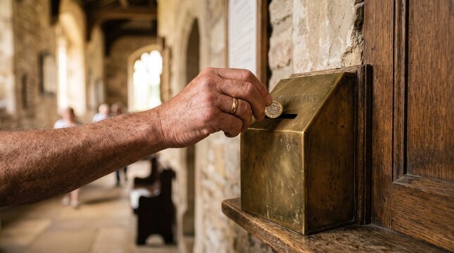 Elderly person's hand with wedding ring donating coin to brass collection box inside historic church building