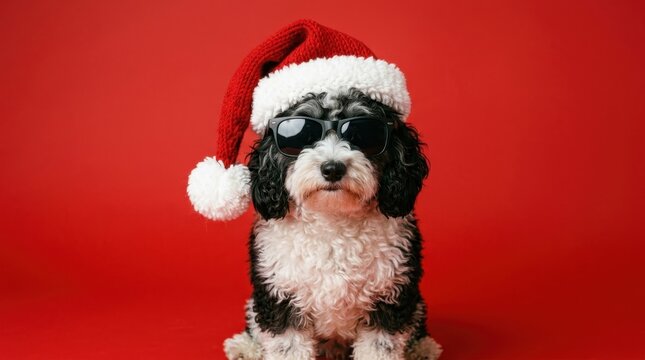 Cute fluffy black and white poodle mix puppy wearing a red Santa Claus hat and dark sunglasses on a solid red background, ideal for merry Christmas cards, funny winter holidays, and festive pet vibes.