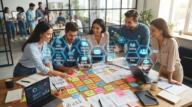Diverse business team collaborating with futuristic digital interface holograms