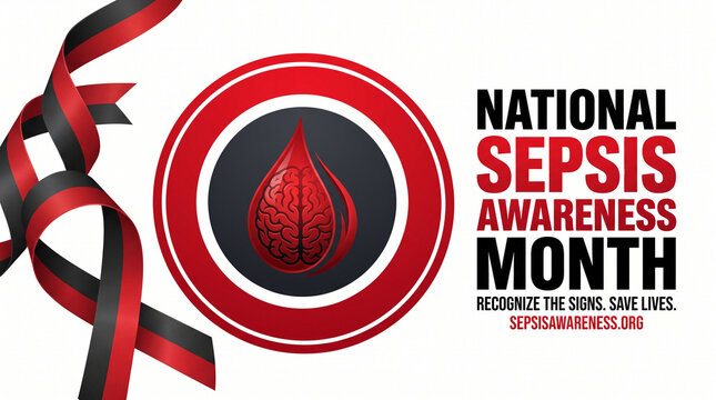 National Sepsis Awareness Month banner with DNA helix and red awareness ribbon for medical campaigns