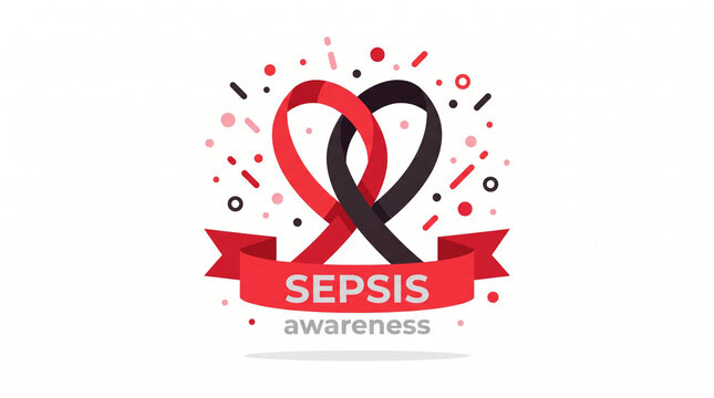 Red ribbon symbol for World Sepsis Day awareness campaign on white background with confetti