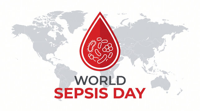 World Sepsis Day awareness campaign poster with global map and red blood drop symbol on white background