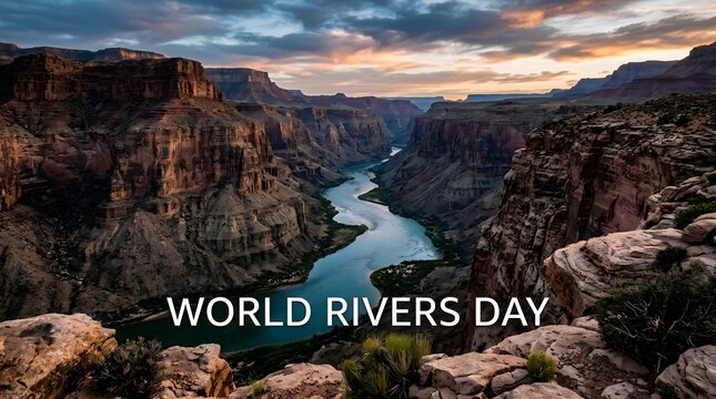 Blue river winding through a deep rocky canyon at sunset