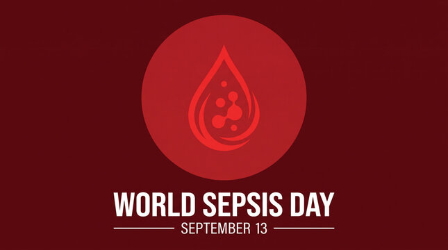 World Sepsis Day campaign poster with red awareness ribbon on dark red gradient background September 13
