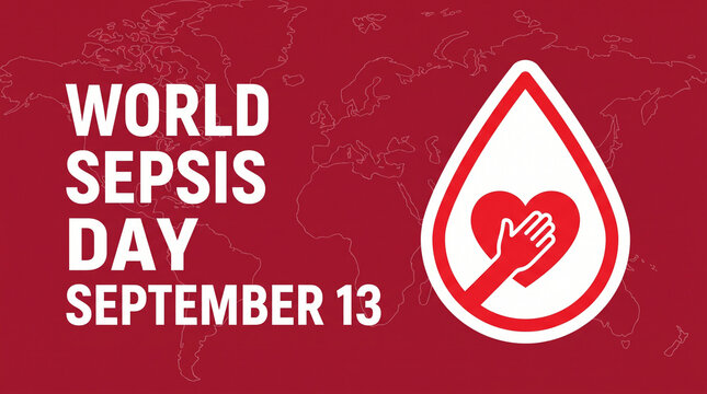 World Sepsis Day poster with heart and bandage symbol on red background for September 13 awareness campaign