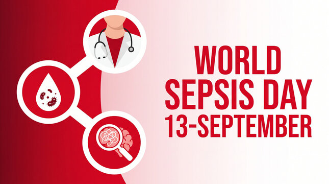 World Sepsis Day poster with awareness symbols and date 13 September on red background