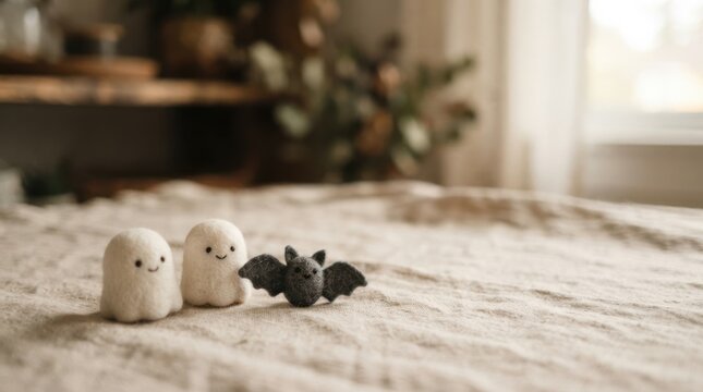 Cute needle felted ghost and bat figures on a cozy blanket for Halloween decoration and autumn craft celebration concepts