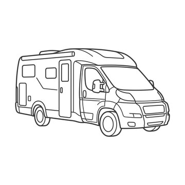 Professional class b rv camper line art illustration featuring a detailed travel motorhome outline design for adventure and camping lifestyle projects

