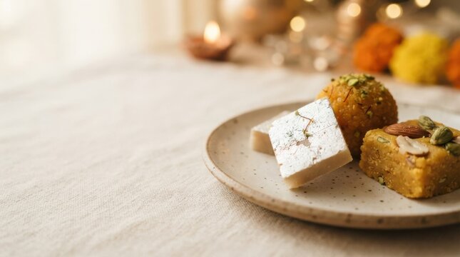 Traditional Indian sweets kaju katli laddu mysore pak on a plate for Diwali festival celebration representing cultural heritage and festive joy