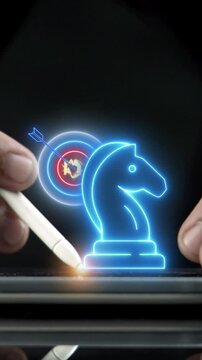 Businessman holding stylus pen vertical shot pointing at tablet screen displaying glowing knight chess piece with target. Strategic planning, competitive advantage, and business tactic concept.