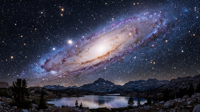 The Andromeda Galaxy fills a 16:9 frame in vivid blue and purple spiral detail &mdash; our nearest galactic neighbor as cinematic astronomical art. Ideal for space, science, and wallpaper.