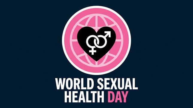 World Sexual Health Day logo with heart and gender symbols on dark gradient background for awareness campaigns