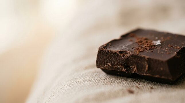 Dark Chocolate Chunk with Sea Salt and Cocoa Powder on Textured Fabric Background representing Gourmet Confectionery and Artisanal Dessert Concept