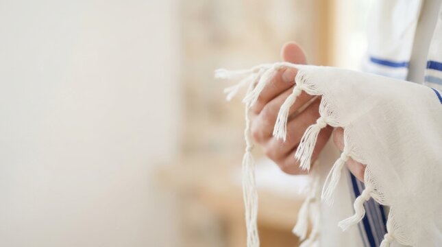 Jewish man holding tzitzit fringes of a tallit prayer shawl during religious worship in synagogue closeup