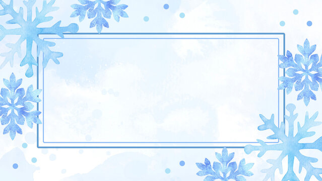 Blue watercolor snowflake frame background presentation with double line border