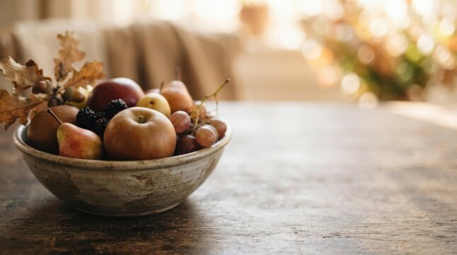 Autumn fruit bowl with fresh apples, pears, grapes, and autumn leaves on rustic wooden table for harvest season concepts