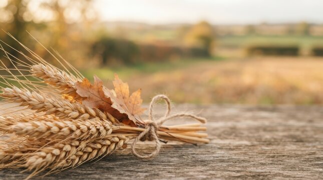 Autumn harvest wheat sheaf tied with twine on a rustic wooden table with a blurred countryside background representing agriculture, food production, and seasonal abundance
