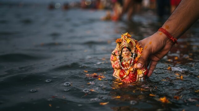 Devoted hand submerging a traditional Hindu goddess idol into sacred river water during a religious ritual ceremony symbolizing spiritual immersion and cultural heritage