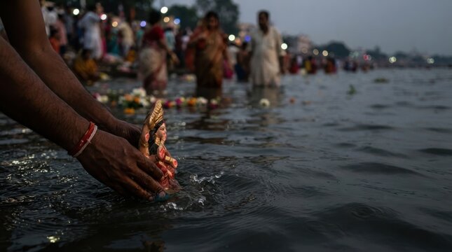 Hindu devotee immersing a small deity idol into river water during traditional religious ritual ceremony in India