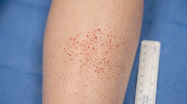 Close-up of a skin rash with petechiae and small red spots on human skin with medical ruler for measurement