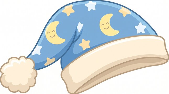 Cute Blue Sleeping Cap Nightcap Illustration with Yellow Moons and White Stars for Sleep and Dreaming