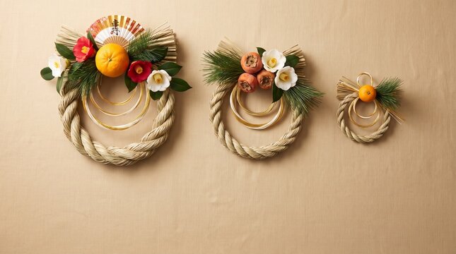 Set of three shimekazari wreaths on beige japanese new year decoration collection with copy space