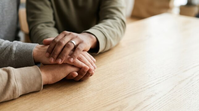 Diverse male friends stacking hands together on a wooden table representing unity teamwork support and friendship in a cozy indoor setting