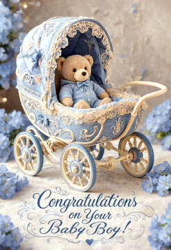 Adorable teddy bear in a vintage blue baby carriage with decorative flowers and congratulations message