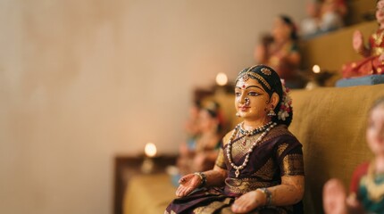 Fototapeta premium Traditional Indian Bommai Golu dolls arranged for Navaratri festival display, showcasing cultural heritage and artisanal craftsmanship