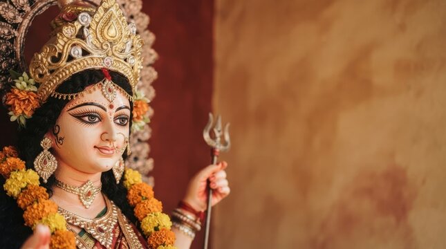 Close up of an ornate Hindu goddess Durga idol with crown and trishula for Durga Puja celebration and worship concept
