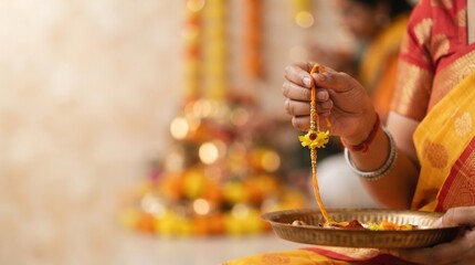 Obraz premium Woman holding traditional rakhi bracelet over prayer plate during raksha bandhan festival celebration in india