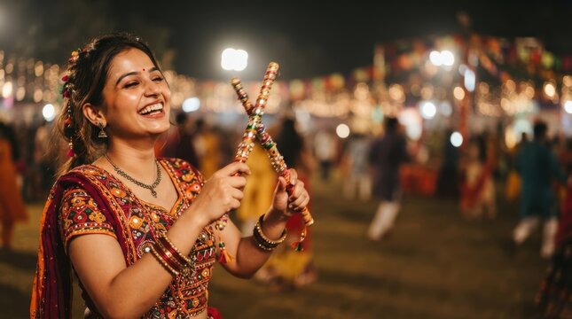 Young Indian woman dancing garba with dandiya sticks during navratri festival celebration outdoor