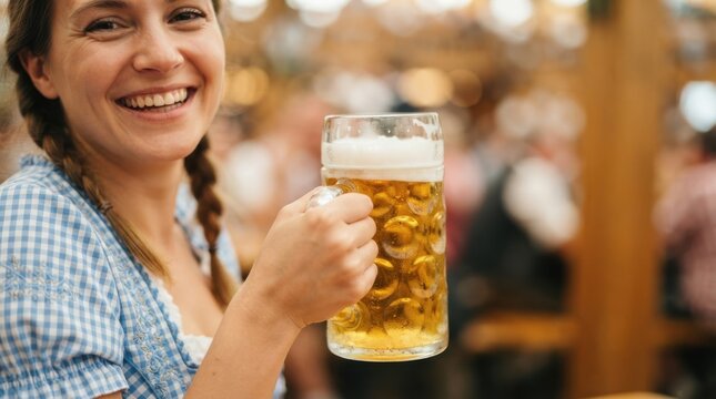 Happy young woman in dirndl holding traditional beer stein at oktoberfest festival celebrating culture and joy
