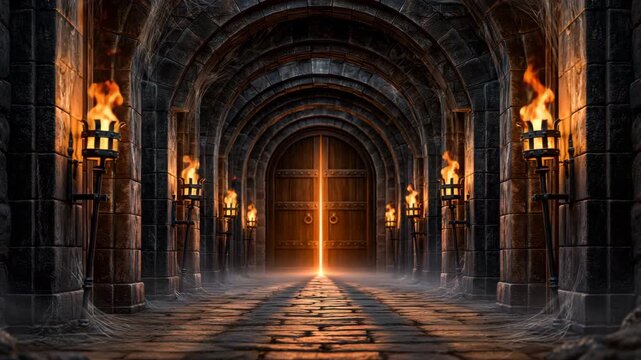 Dark Dungeon Corridor with Flickering Torchlight