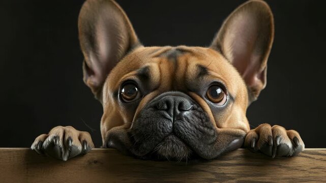 Close-up of a bulldog peeking over the top of a table with sad eyes.