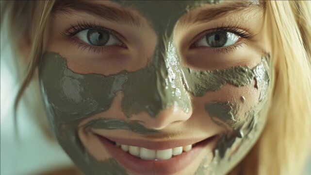 Young woman smiling at the camera with a clay mask on her face and neck. Spa or skincare concept.