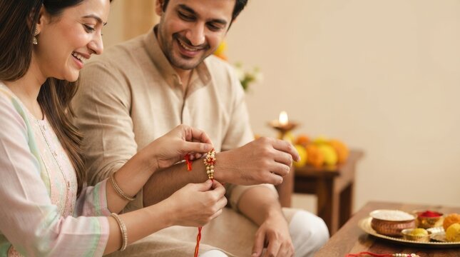 Happy Indian young woman tying rakhi on wrist of her brother celebrating Raksha Bandhan festival with traditional sweets and ritual tray