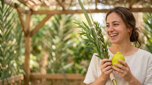 Young smiling woman holding a traditional etrog and lulav bundle in a sukkah for the Jewish holiday of Sukkot