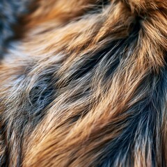 Naklejka premium Soft strands of fox fur fill the frame with rich hues and fine textures under warm daylight. The focus highlights the beauty of nature.