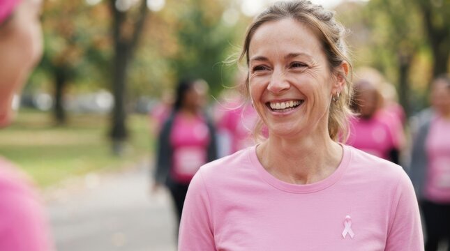 Middle-aged caucasian woman in pink shirt smiling outdoors at breast cancer awareness charity walk event