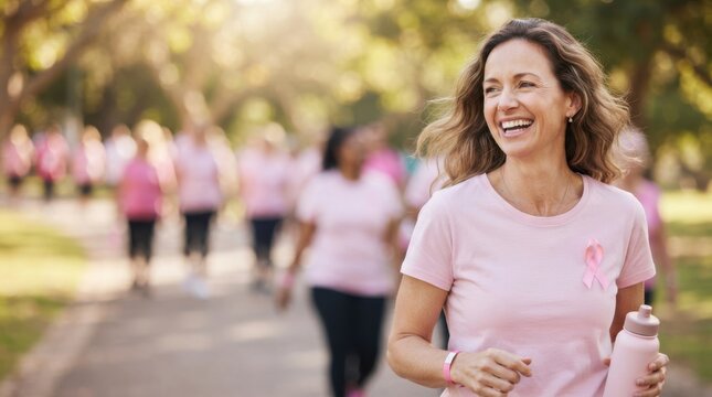 Middle-aged Caucasian woman leading a charity walk event outdoors in a park wearing pink shirt and ribbon representing breast cancer awareness and community support