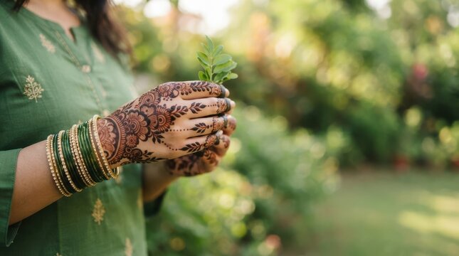 Young Indian woman wearing green traditional attire with intricate henna mehendi design on her hands holding a small plant leaf outdoor in a garden setting