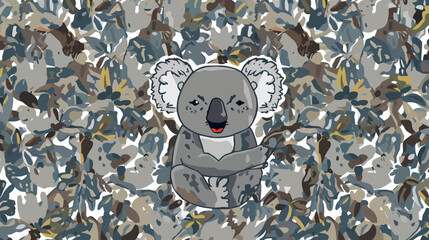 Koala character on camouflage pattern background.