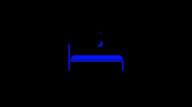 Minimalist digital illustration featuring a simple white bed frame and mattress silhouette under a dark night sky background punctuated by abstract red crescent moon shapes and dots