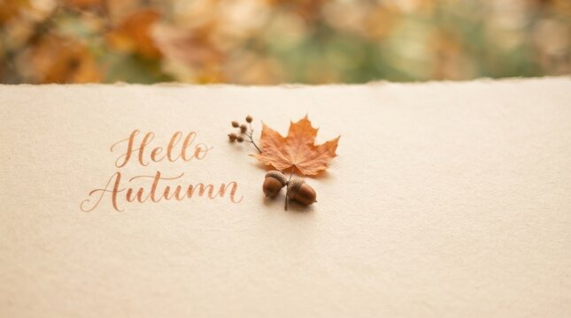 Hello Autumn greeting card mockup with maple leaf and acorns on beige paper background for seasonal fall design and stationery presentation