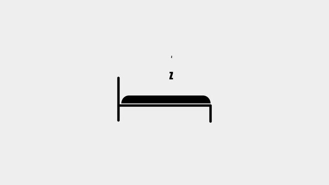 Minimalist digital illustration featuring a simple white bed frame and mattress silhouette on a solid black background accompanied by a single letter Z representing sleep.