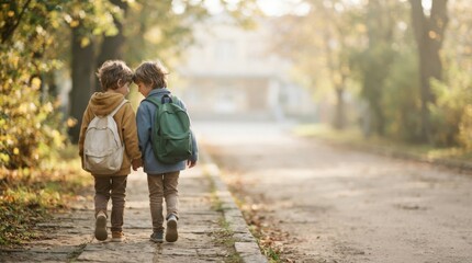 Fototapeta premium Two young boys walking to school together on an autumn sidewalk with backpacks representing friendship and childhood