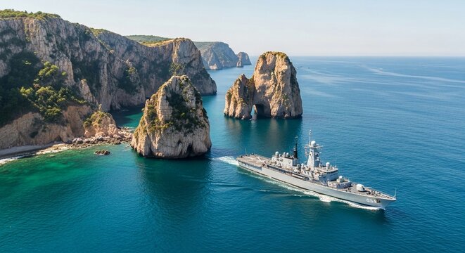 Modern naval ship cruising majestically through turquoise waters near dramatic sea arches and coastal cliffs.